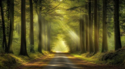 Obraz premium Sunlight streams through the trees, illuminating a path in a forest.