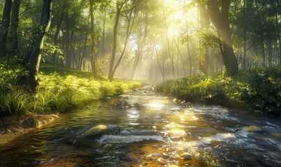 Obraz premium Peaceful stream meandering through a sun-dappled forest, 4K hyperrealistic photo