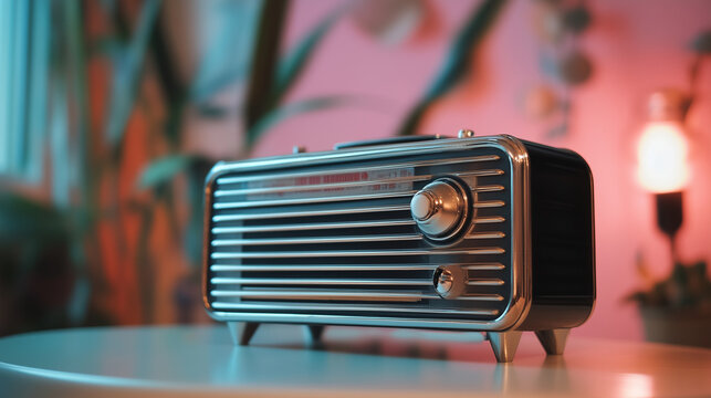 A vintage radio with chrome accents and minimalistic lines, representing a music or podcast app, art deco