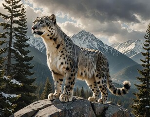 Obraz premium Snow Leopard – the Mysterious Predator Description: The snow leopard is a rare, majestic predator living in the Himalayas, endangered due to habitat loss.