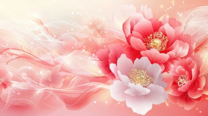 Fototapeta premium Gold peony flower line art patterns decorate this luxurious ruby background, capturing the elegance of Chinese New Year celebrations.