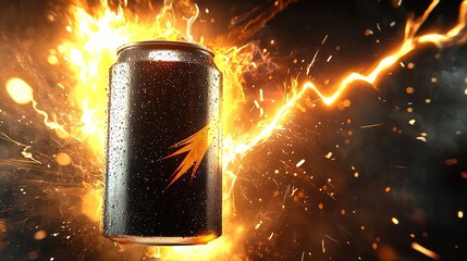 A glowing energy drink can surrounded by vibrant sparks and electrical effects, conveying a sense of power and refreshment.