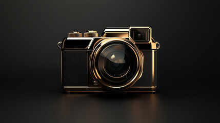 A sleek, modern camera icon with Art Deco-inspired geometric shapes and metallic shine, for photography apps, art deco