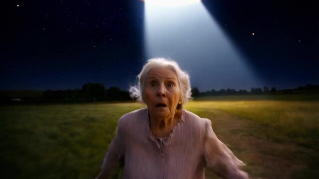 Old lady runs away from ufo. Alien abductions.