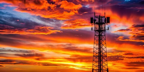 Naklejka premium Silhouetted Cell Tower Against a Vivid Sunset - High Depth of Field Photography