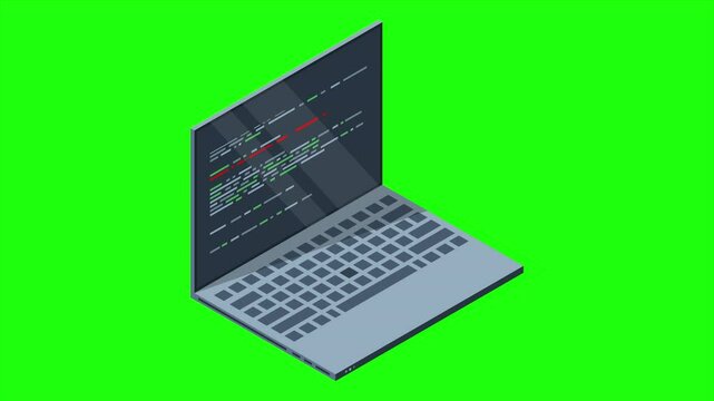 Isometric laptop with program code on screen animation. Programming concept. Web development. 4K video animated in isometric style