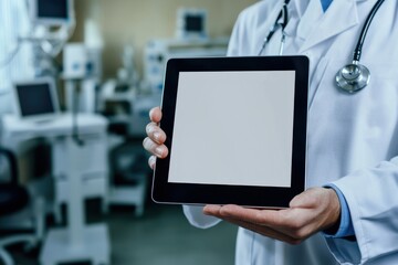 A healthcare professional in a lab coat holds a blank tablet, suggesting the use of technology in medical settings.