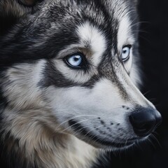 Close-up portrait of a Siberian Husky with piercing blue eyes, looking intensely at the camera against a dark background.