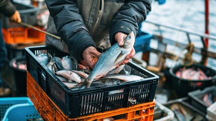 Fisherman holding crate with freshly caught sea fish, raw fish and seafood at harbor. Sustainable fishery. Fishing business