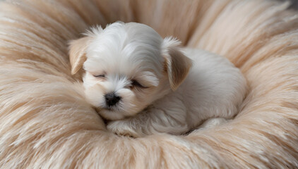 Sleeping baby Maltese nestled in fluffy beige cushion