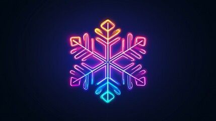 An outline neon snowflake icon with a glowing design, featuring vivid colors. The neon sign depicts a snowflake symbol, resembling an ice crystal flake