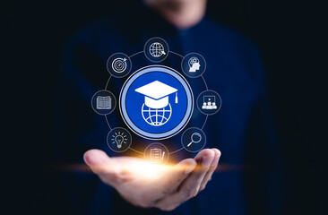 E-learning and online education technology concepts. digital interface with icons related to online education, symbolizing elearning, global connectivity, virtual classrooms, and knowledge sharing.