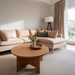 Round accent wooden coffee table against beige fabric corner stylish sofa. Minimalist luxury home interior design of modern living room.