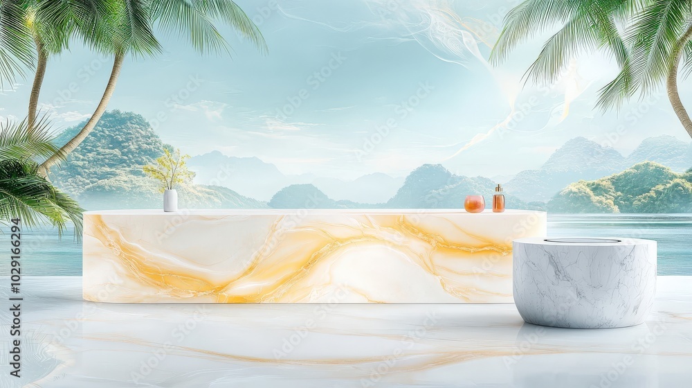 Poster marble slab with soft, flowing veins of gold and ruby, creating a sophisticated and timeless surface