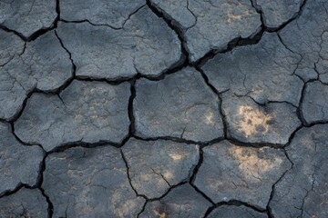 Fototapeta premium A detailed view of burnt soil following a wildfire, featuring dark, charred surfaces illuminated by dim lighting.