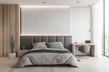 A sleek and minimalist bedroom design with neutral tones and natural lighting.