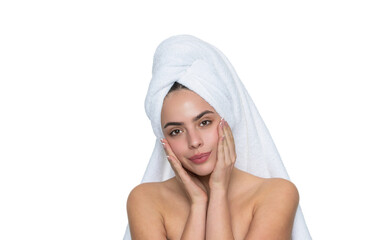 Complexion protection and healthy skin. Woman after bath in towel isolated on white. Cosmetology and personal care. Skincare beauty. Beauty cosmetic routine. Beauty day in spa. Skincare cosmetology