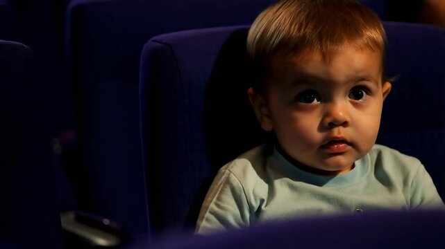 Happy child at the cinema. Enchanted little child, at the cinema for the first time.