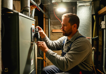 Skilled technician performing furnace maintenance in a residential basement setting