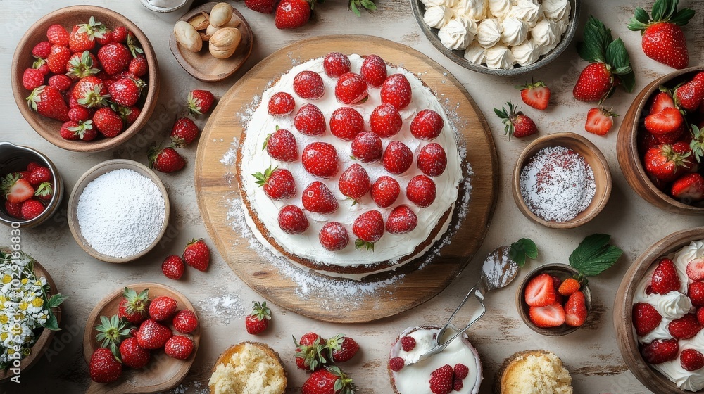 Poster neatly arranged strawberry cake-making workshop on a circular cutting board, featuring fresh berries