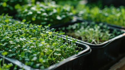 Fresh microgreens growing in containers at home. Organic gardening of sprouts and microgreens from seeds, close up