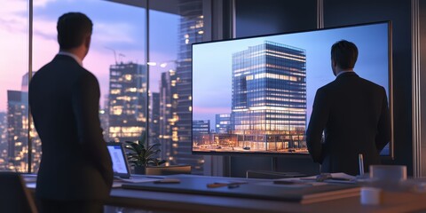 Architect presenting building designs to a client in a sleek office, 3D models of the building displayed on a screen.