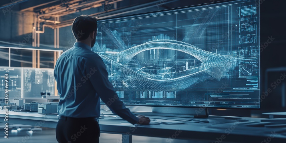 Aufkleber architect rendering a futuristic bridge design, working with holographic models and dynamic simulati