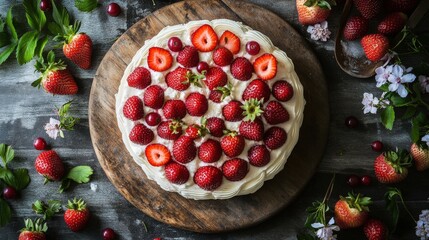 Overhead shot of a beautifully arranged strawberry cake-making workshop with fresh strawberries and berry stems on a rustic wooden board.