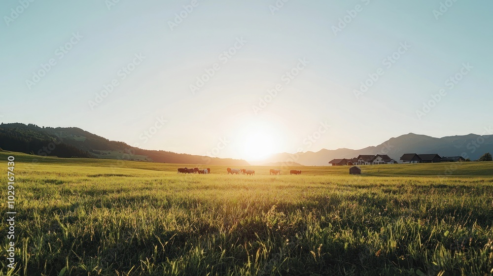 Poster a scenic view of a grassy field with a herd of cows grazing in the foreground. the sun is setting be