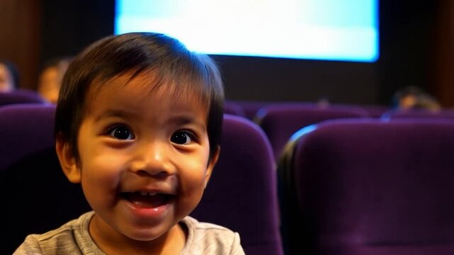 Happy child at the cinema. Enchanted little child, at the cinema for the first time.