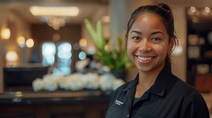 Friendly smiling hotel staff member in uniform standing at the front desk in a hotel lobby ready to greet and assist guests