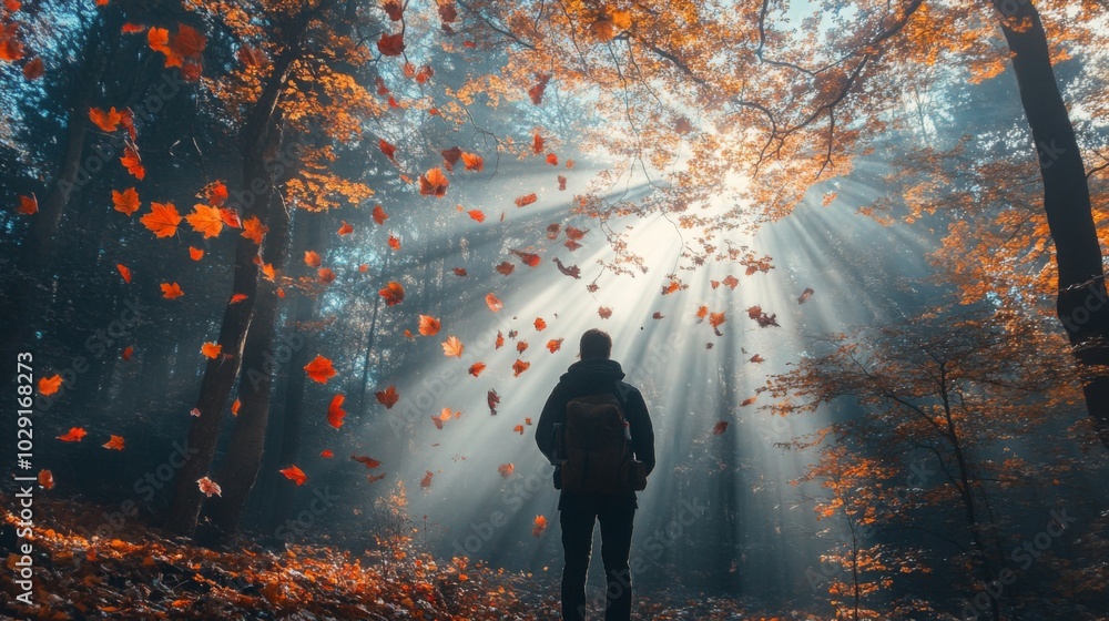 Poster a person stands in a forest with a backpack on their back, looking up at the sun shining through the