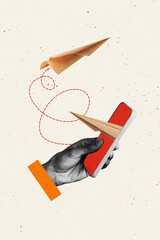 Vertical composite collage artwork image picture of arm hold smart phone flying paper plane isolated on creative background
