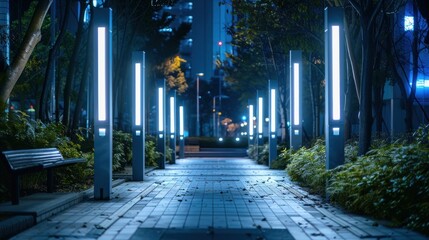 Futuristic smart street lighting with adaptive brightness control and deep depth of field Illuminated pathway through an urban environment with a striking perspective and minimalist