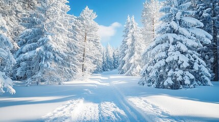 A picture of a snowy forest, created using computer graphics.