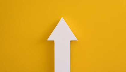 White arrow on yellow background. Pointing upwards. 3D rendering.
