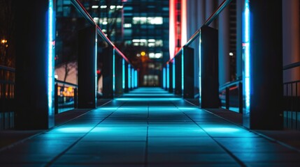 Futuristic smart street lighting with adaptive brightness control and deep depth of field Illuminated pathway through an urban environment with a striking perspective and minimalist