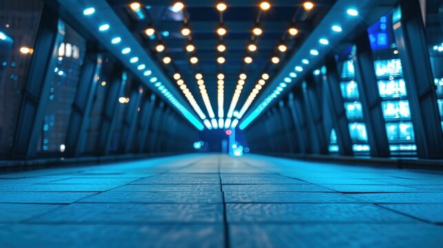 Futuristic smart street lighting with adaptive brightness control and deep depth of field Illuminated pathway through an urban environment with a striking perspective and minimalist