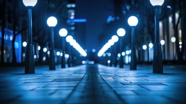 Futuristic smart street lighting with adaptive brightness control and deep depth of field Illuminated pathway through an urban environment with a striking perspective and minimalist - Powered by Adobe