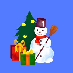 christmas snowman with gift, new year
