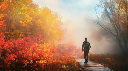 Fototapeta premium A single person is walking down a wooden path that is surrounded by a misty forest. The trees are covered with vibrant red, yellow, and orange leaves.