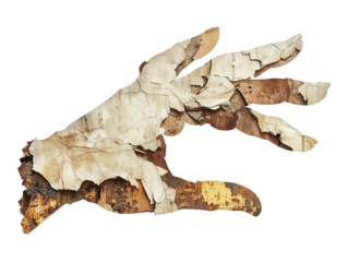 Human hand - cutout of rusted material with chipped, peeling paint. Grunge element for collage - silhouette of a man's hand with uneven texture. Isolated on a transparent background.