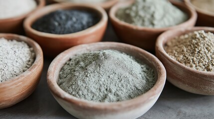 Natural clays like kaolin and bentonite in bowls