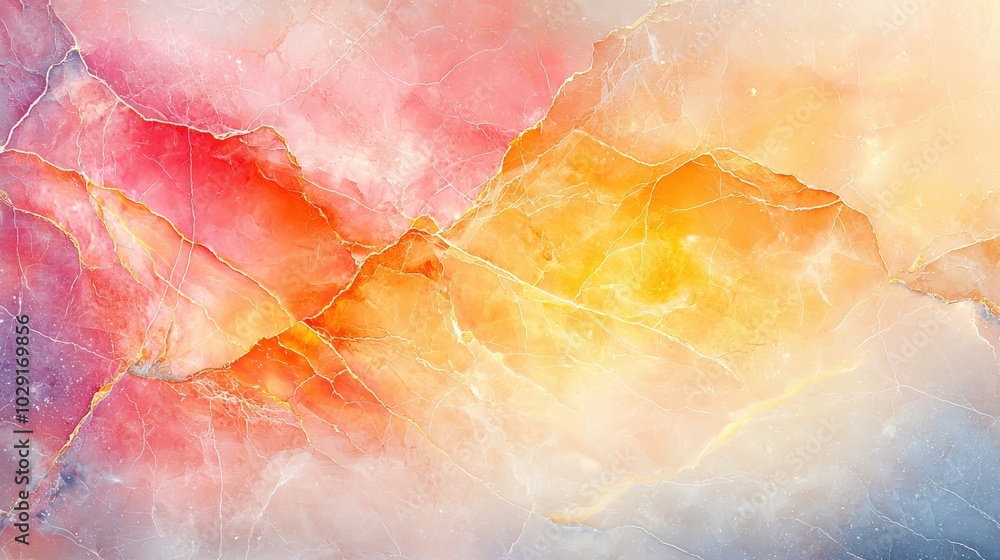 Poster smooth, polished marble slab with intricate gold and ruby veins running through, adding depth and el