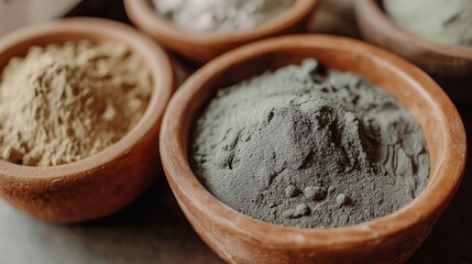 Natural clays like kaolin and bentonite in bowls