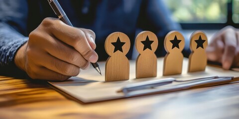 Corporate HR reviewing employee performance evaluations, providing feedback and planning professional development. 