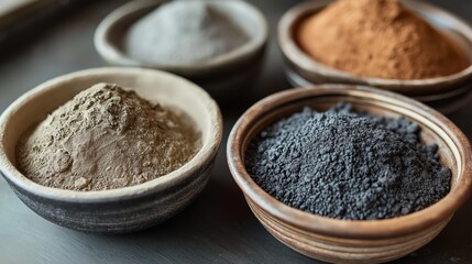 Natural clays like kaolin and bentonite in bowls