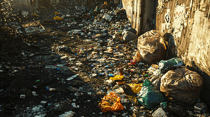 Fototapeta premium Waste Management Crisis Overflowing Garbage and Trash Pollution in Urban Landfill