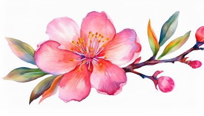 Fototapeta premium Delicate watercolor painting of a vibrant pink blossom, gracefully blooming on a slender branch, surrounded by lush green leaves against a stark white background.