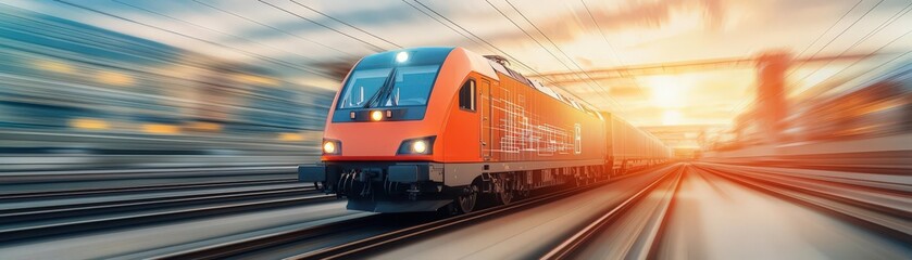Obraz premium Train speeding along tracks at sunset with motion blur, vibrant colors.